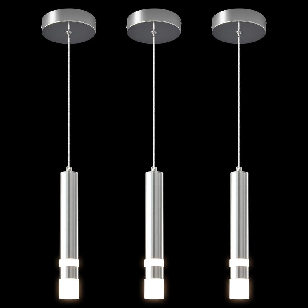 Modern Pendant Light Kitchen Fixture Dimmable LED Chrome Mini Pendant Lighting fo Kitchen Island Bedroom Bedside Table Small Pendant Lights (3-Pack)