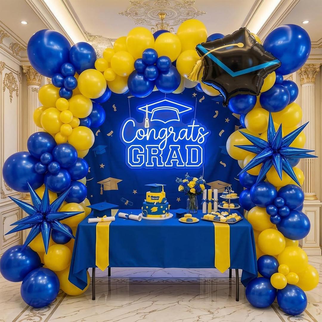 kozee royal blue and yellow balloon garland arch kit 150+pcs with graduation cap Blue star mylar balloons for Men birthday 2026 Graduation Ceremony Prom decorations