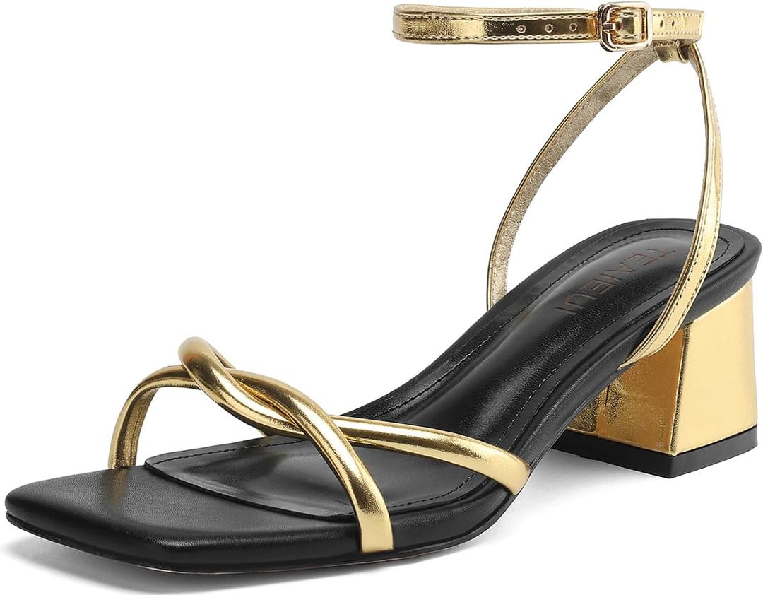 TEAIEUI Chunky Heels for Women, Square Toe Strappy Heeled Sandals, 2 Inch | Adjustable Ankle Strap Shoes, Comfortable Low Block Heel Shoes for Daily Wear, Dress, Party, Prom, Cocktail (Black)