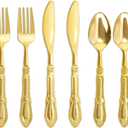 Nervure 150PCS Gold Plastic Silverware - Heavy Duty Disposable Cutlery Set, Luxury Gold Plastic Utensils include 50Pcs Forks, 50Pcs Spoons, 50pcs Knives Perfect for Wedding, Party, Daily Use