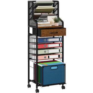 SWTYMIKI 10-Tier Rolling File Cart - Mesh Paper Organizer with Drawer & Hanging File Folders on Lockable Wheels, Rolling File Cabinet for Office Organization, Storage in Home, Studio, School, Espresso