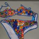 Fanuerg Women's Triangle Bikini Sets O Ring Linked Two Piece Swimsuits Floral Printed Cheeky Bathing Suit (Blue, M)