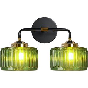 Bathroom Light fixtures Mid Century Wall Sconce 2-Lights with Green Striped Shade Glass Wall Mount Light Modern Vanity Lights for Over Mirror Bedroom Hallway Overhead