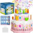 Birthday Cake Bubble Machine, Automatic Bubble Blower Machine for Kids Toddlers with Music/Lights/Solution,10000+ Bubble/Min 13 Holes Bubble Maker Toys for Outdoor Birthday Wedding Gift (Pink)