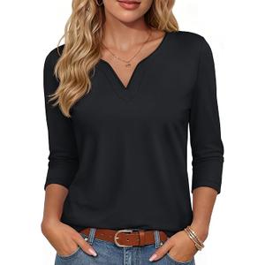 3/4 Length Sleeve Womens Tops V Neck Henley Shirts Dressy Casual Tunic Blouses Cotton Work Summer Tees, M