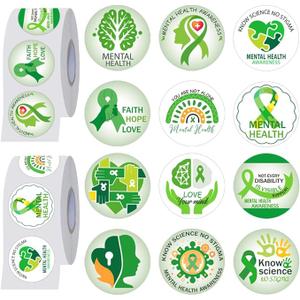 BAISDY 1000Pcs Mental Health Awareness Stickers, 1.5inch Green Ribbon Awareness Waterproof Decals for Adult Women Men Fundraiser Event Mental Health Handout Supplies, 12 Design