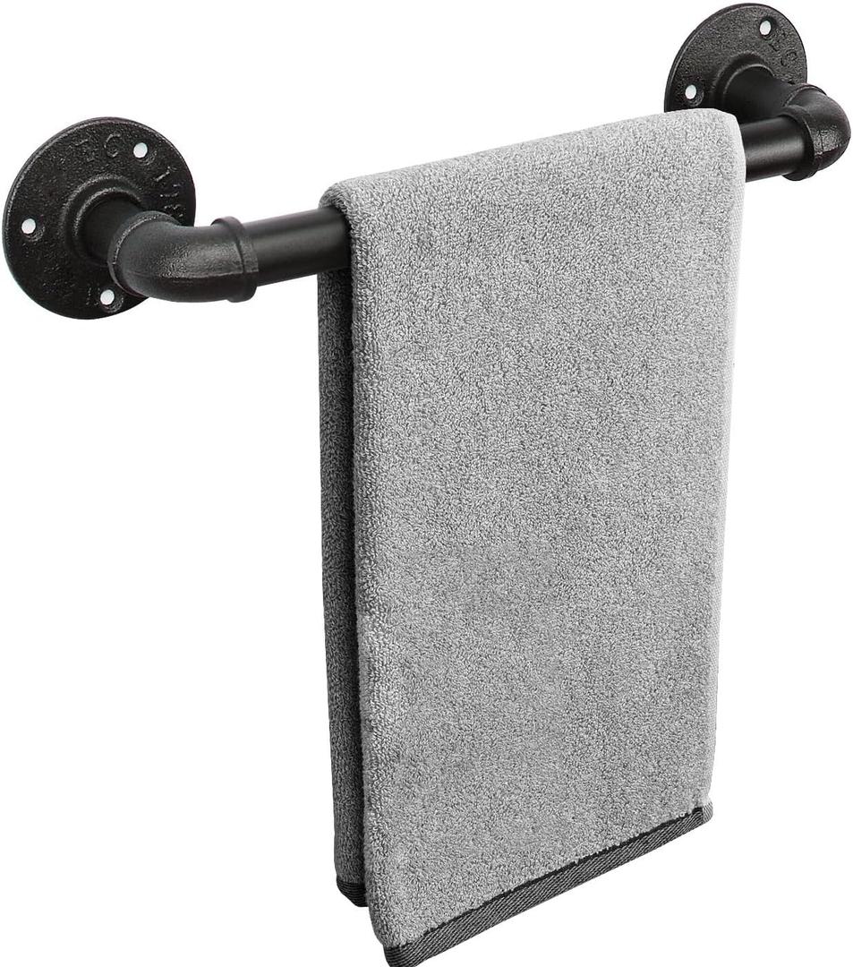 Livabber Industrial Pipe Towel Bar, Rustic Iron Decor Bathroom Hardware Towel Holder Accessory, Heavy Duty Wall Mounted Bath Towel Rack,Black (12 Inch)