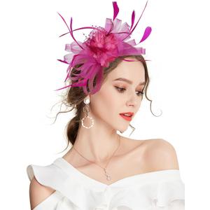 Fascinator Hats for Women Feather Flower Hair Clip Brooch Wedding Tea Party Hat Derby Race Headwear (Pink)