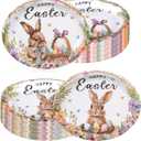 50 Pcs Easter Party Supplies Oval Paper Plates Set, Bunny Rabbit Large Disposable Party Dinner Plates Bunny Egg Flowers Tableware for Spring Easter Birthday Table Decorations Party Supplies