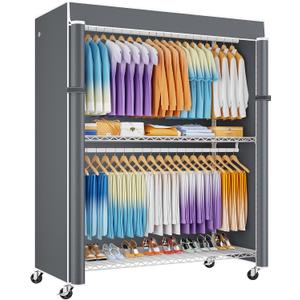 ULIFHOME P8C Max Heavy Duty Clothes Rack（With Extended Width Design） Rolling Clothing Racks for Hanging Clothes with Lockable Wheels，51.2" W x 15.8" D x 80.5" H，Load 700LBS，White Rack with Grey Cover