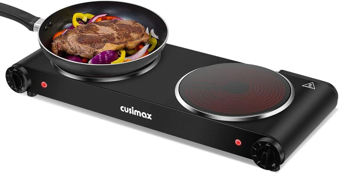 Cusimax Electric Stove, 1800W Infrared Hot Plate, 7 Inch Ceramic Glass Portable Double Burner Cooktop for Dorm Office Home Camp, Compatible w/All Cookware, Heat-up In Seconds-Upgraded Version, 23.1"D x 9.26"W x 3.12"H