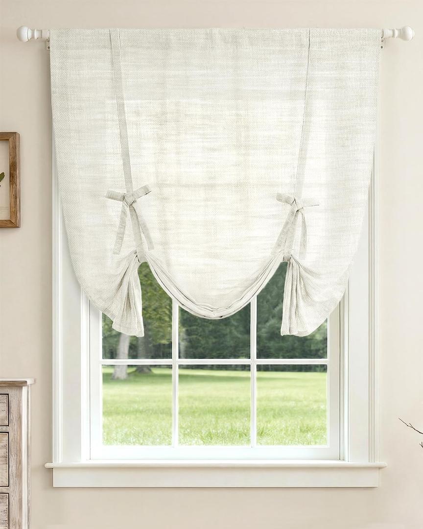 LazBlinds Tie Up Curtains, Linen Privacy Thermal Insulated Balloon Roman Shade Bathroom Window Curtain, Adjustable Rod Pocket Drape for Kitchen, Living Room, Bedroom (25" W x 47" L, White)