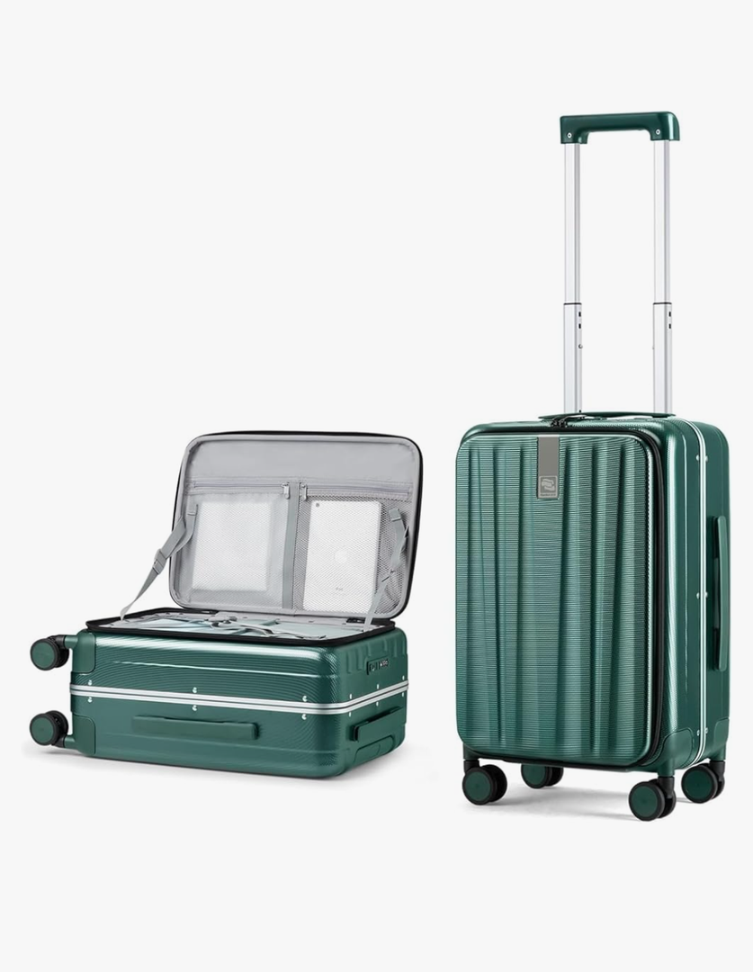 Hanke 20 Inch Carry On Luggage Aluminum Frame Front Opening Rolling Suitcase PC Hard Sided Luggage with Spinner Wheels Travel Luggage for Woman Men Gifts.(Dark Green)