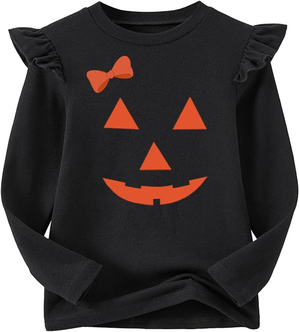 Niyage Girls Cotton Long Sleeve T-Shirt Toddler Comfort Soft Thick Basic Crewneck Tee Tops with Ruffles Trim (6 Years, Pumpkin Bow Black)