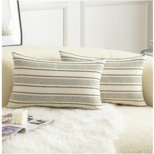 Decorative Boho Lumbar Throw Pillow Covers, Farmhouse Textured Pillow Case, 12 x 20 Inch Set of 2, Chair Sofa Bedroom Living Room Home Decor Couch Cushion Case, Olive Green and Beige