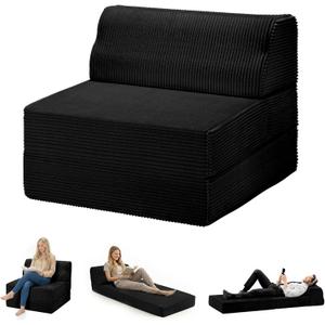 Folding Sofa Bed with Pillow, Memory Foam Fold Out Chair Bed, Convertible Sleeper Chair with Washable Cover, Futon Floor Couch for Living Room/Dorm/Guest Use/Home Office/Apartment, Black