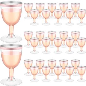 Thenshop 50 Pack 5 oz Plastic Champagne Flutes Clear Disposable Wine Glasses Cups with Stem Reusable Goblets Shatterproof Cocktail Cups for Mother's Day Wedding Party Holiday Dessert(Rose Gold Rim), About 2.64 Inches/ 67 Mm