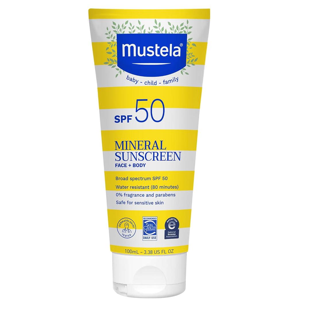 Mustela Baby Mineral Sunscreen Lotion SPF 50 Broad Spectrum - Face & Body Sun Lotion for Sensitive Skin - Water Resistant & Fragrance Free - Regular & Family Size (3.38 Fl Oz (Pack of 1))