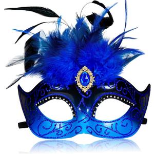 2025 Masquerade Mask for Women with Feathers - Venetian Masquerade Mask for Carnival Ball, Mardi Gras, Prom (Blue)