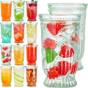 Drinking Glasses, 12 pcs Embossed Designed Highball Glasses, 16oz Glass Cups, Tall Water Tumbler, Ribbed Glassware Set, Mojito Cups, Cocktail Glass, Vintage Glassware Set