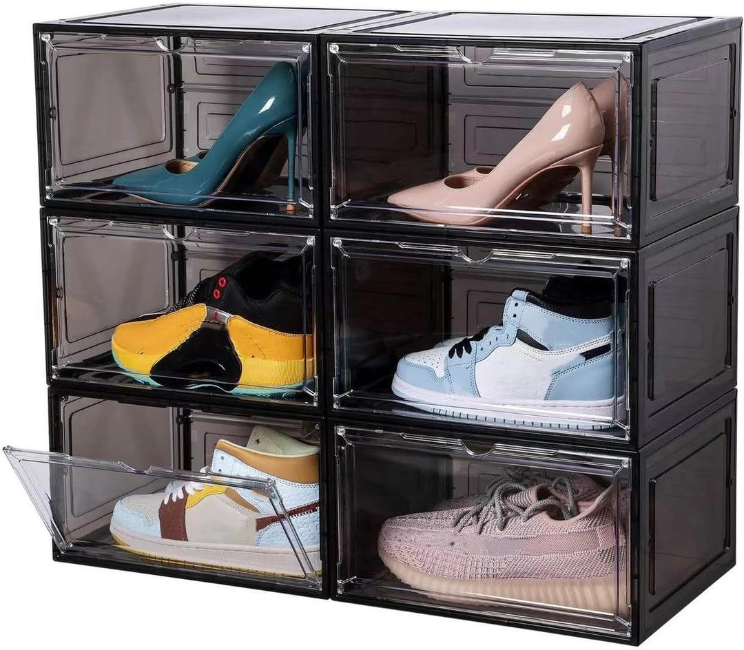 Attelite Large Clear Shoe Box Organizer,Plastic Stackable Shoe Storage Box with Magnetic Door, Large Clear Door Shoe Containers for Display Sneakers, Easy AssemblyBlack