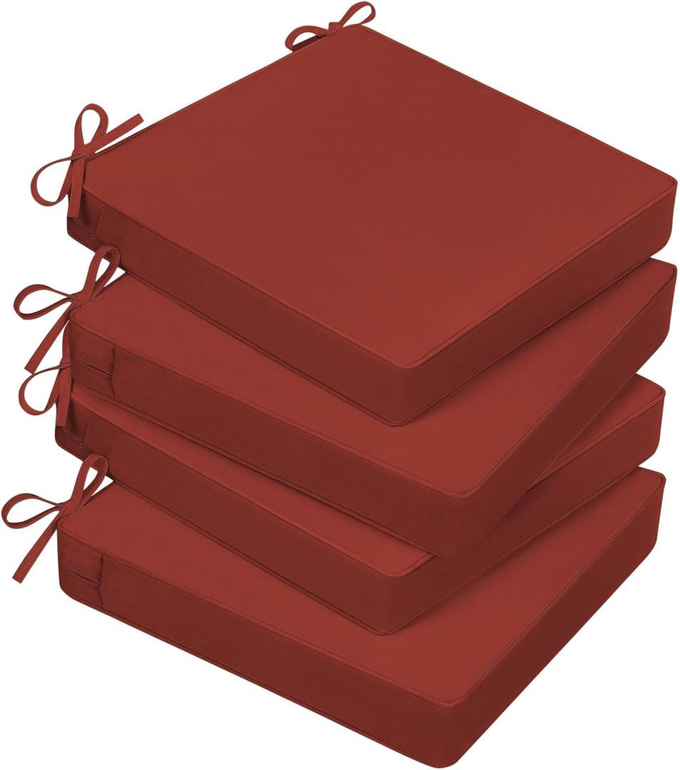 Basic Beyond Outdoor Chair Cushions for Patio Furniture, Waterproof Outdoor Seat Cushions Set of 4 18 x 18, Patio Chair Cushions Set of 4 with Ties and Handle, Brick Red