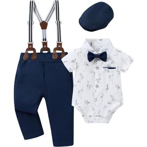 CARETOO Baby Boy Clothes Suit Infant Gentleman Boy Outfits Dress Shirt/Bowtie/Suspender Pants Set 0-18 Months (Black)