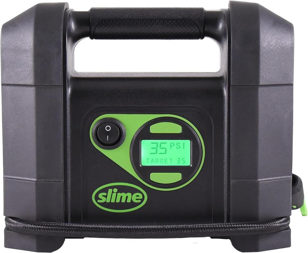 Slime 40047 Tire Inflator, Portable Car Air Compressor, Rugged, Inflate Right automatic shut off, with Digital 99 psi Display, Long Hose and LED Light, 12V, 4 min inflation