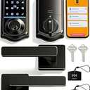 Veise VE017-B Fingerprint Smart Lock for Front Door, App Control, 8-in-1 Keyless Entry Deadbolt with 2 Zinc Alloy Lever Handles Set, Emergency Power Port, Auto Lock, Electronic Keypad, Black