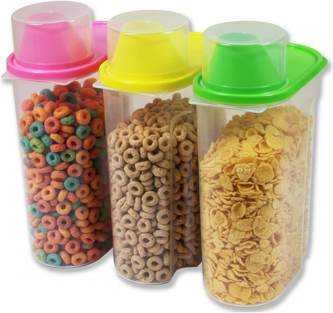 Basicwise 2.5 Liters Set of 3 Large Airtight Food Storage Containers with Pouring Spout and Measuring Cup Lid for Flour Sugar Cereal Rice Pantry Staples & Baking Ingredients in Green Pink and Yellow