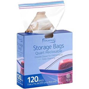 TYPLASTICS Quart Food Storage Zip Bags, 120 Count, Double Zipper, Easy Open Design, Reclosable