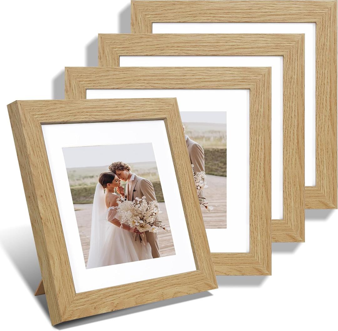 Hongkee 8x8 Picture Frames Set of 4, Made of Glass and Natural Oak Wooden Frame - Display Picture 6x6 with Mat or 8 x 8 Without Mat, 8 by 8 Photo for Wall or Tabletop, 8x8 in