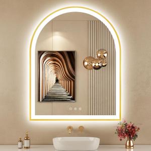 30"x36" Arched LED Mirror for Bathroom, Brushed Gold Lighted Bathroom Mirror with Lights, Fogless, Dimmable, Shatterproof, Touch Sensor, 3 Color Changing