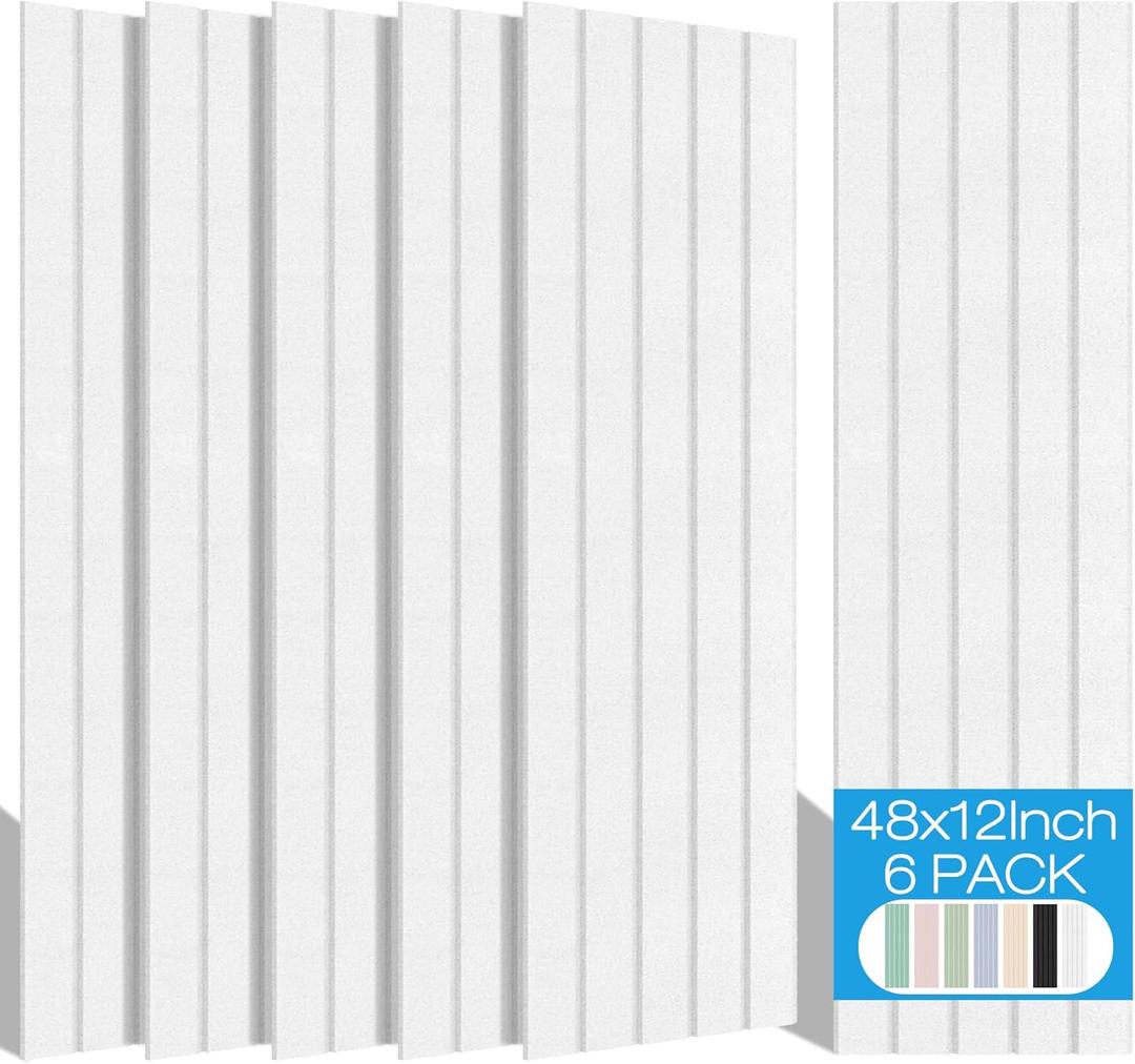 BUBOS 6 Pack Large Acoustic Panels,48x12Inch SoundProof Panels for Walls,Self Adhesive Acoustic Wall Panels,Decorative Sound Panels for Home Studio Office (White)