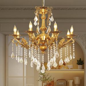 Luxury Copper Crystal Chandelier, 30" Vintage K9 Crystal Pendant Light with 8 Lights, Antique Brass Finish Ceiling Light Fixture with Scrolled Arms for Dining Room Living Room Foyer Villa Hotel