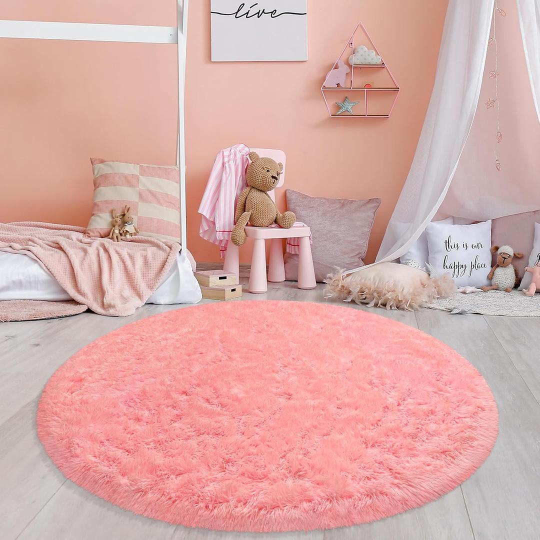 Fixseed Pink Flully Round Rugs for Bedroom,3 ft Circle Area Rugs for Living Room, Fluffy and Soft Carpet for Teens, Girls and Boys, Dorms,Nursery Rooms, Cute Room Decor for Home Decor Aesthetic