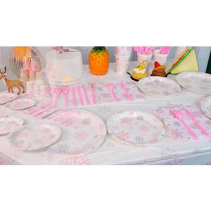 Funnymoom 452 Pcs Pink Snowflake Party Supplies Serves 50, Pink Snowflake Paper Plates Napkins Cups Tablecloth Cutlery Straws for Christmas Winter, Baby Shower Wonderland Birthday Party Decorations