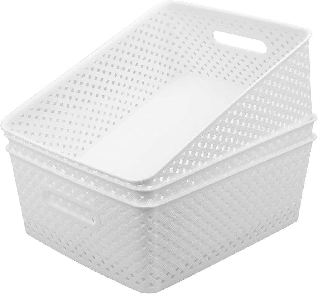 MaxGear Organization and Storage 3 Packs, Plastic Bins Organizer Bins, Woven Baskets for Storage, Plastic Baskets with Handles, White Basket for Organizing, Basket Organizer for Home and Office, Large