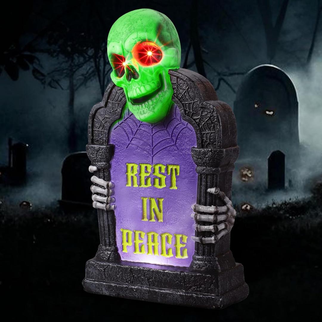 JOYIN Halloween Decorations Outdoor Graveyard Tombstone, Glow Skeleton Gravestone 16.5" 3D Plastic LED Tombstone Scary Haunted House Decor for Yard Garden Party Outside Lawn