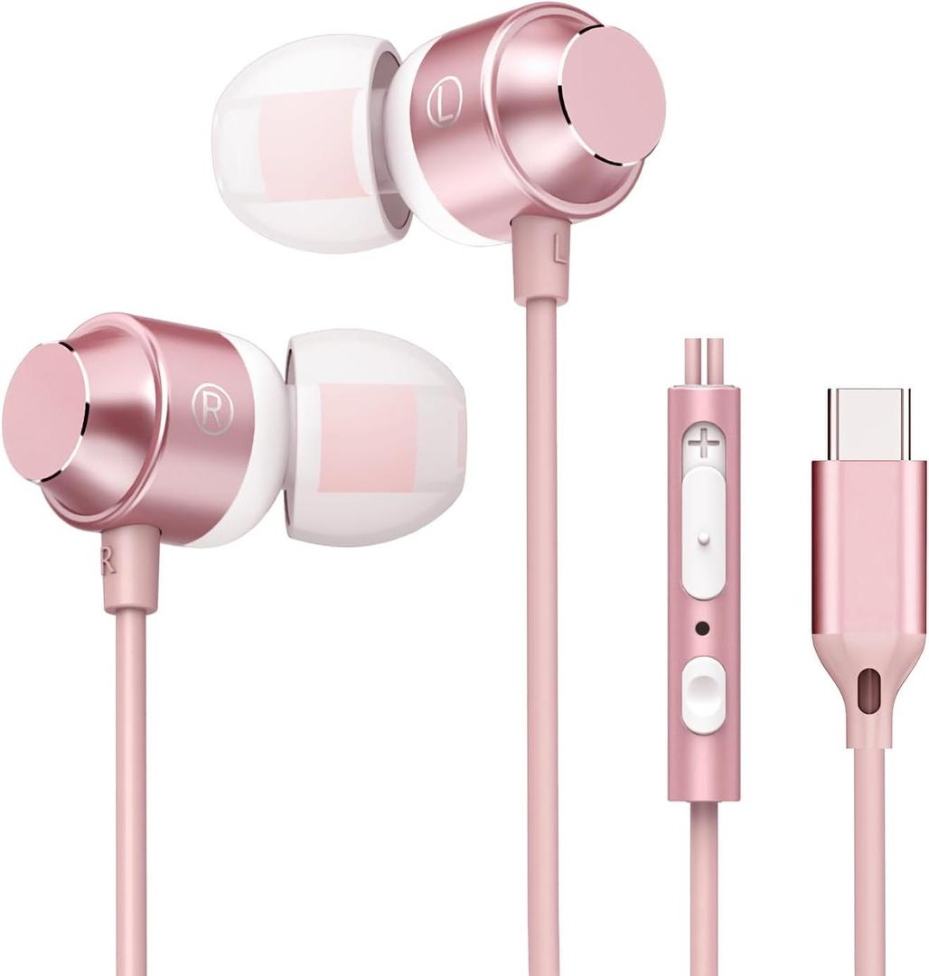 USB-C Earbuds Rose Gold, Type-C in-Ear Headphones Wired, Stereo Bass Pink Earphones with Micphone and Volume Control Compatible with iPhone 15, Samsung, Google Pixel Smartphones