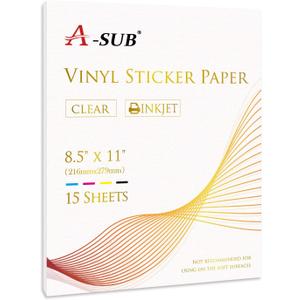 A-SUB Clear Sticker Paper for Inkjet Printers - Waterproof Translucent Printable Vinyl Sticker Paper - 15 Sheets 8.5x11 Inch Glossy Clear Label Paper for Custom Decals