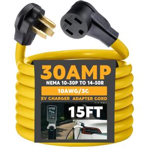Tellegloww 15 ft NEMA 10-30P to 14-50R EV Charger Cord 3 Prong Old Dryer Outlet to Level 2 EV Charger Extension Cord with Handle (Only for 3 Prong L-Shaped Old Dryer NEMA 10-30R Outlet) ETL Listed