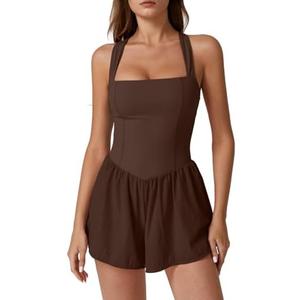 QINSEN Women's Square Neck Sleeveless Romper Jumpsuit Casual Summer One Piece Outfit with Pocket, No Size
