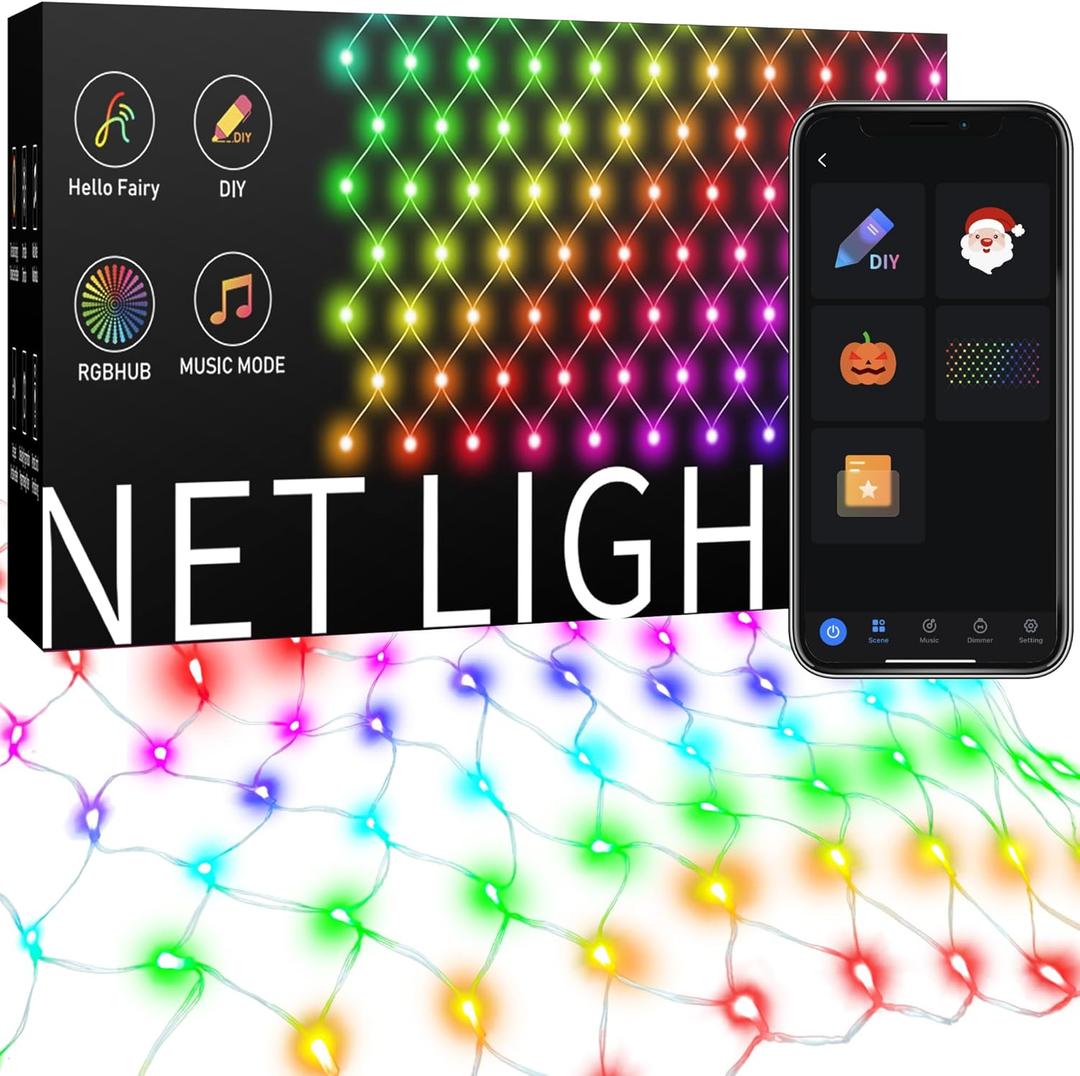 4ft x 18ft Smart Christmas Net Lights Outdoor Mesh Lights, 300 LEDs Bluetooth App Prpgrammable, 105+ Scene Modes, Music Sync, IP44 Waterproof, Timer, RGB Bush Light for Tree Fence Holiday Decorations