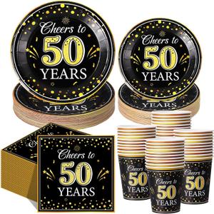 Pickmesh 250 Pcs 50th Birthday Party Supplies Decorations Serve 50 Black Gold Cheers to 50 Years Disposable Paper Plates Napkins and Cups for Women Men 50th Birthday Wedding Anniversary Party Supplies