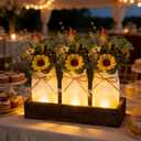 3 Pack Sunflower Mason Jar Table Centerpiece Tiered Tray Decor with Wood Tray Artificial Yellow Daisy Floral and Eucalyptus Leaves Red Berry for Rustic Farmhouse Home Kitchen Bathroom Decor