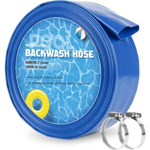 NEAGLORY 2" x 50 FT Pool Backwash Hose, Heavy Duty Flat Sump Pump Hose, Reinforced Discharge Hose with Clamp, Weather and Burst Resistant, Drain Clean Swimming Pools and Filters for Inground Pools