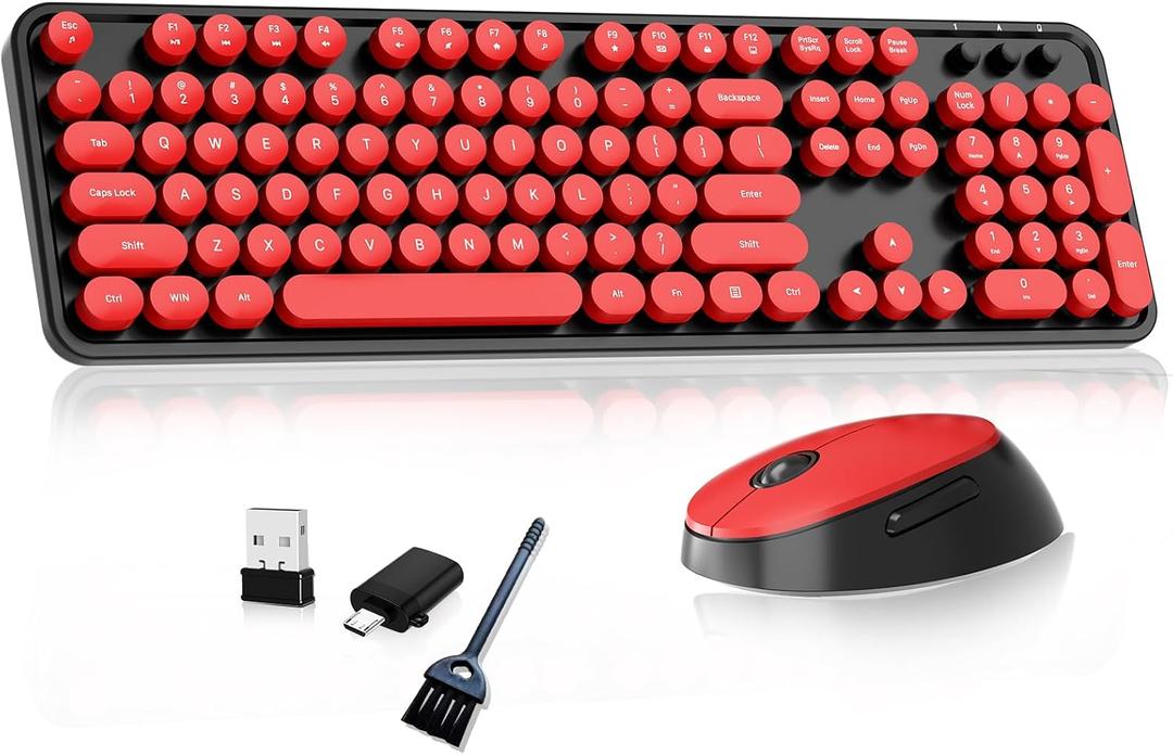 Wireless Keyboard and Mouse, COOFUN Retro Typewriter Keyboard with Round Keycaps, Full-Size Ergonomic, Ideal for Windows PC, Home, Office, and College Black and Red