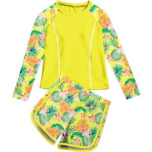 Vogseek Girls Rash Guard Swimsuits 2 Piece Bathing Suit UPF 50+ Summer Swimwear Size 7-12T Yellow