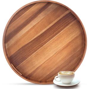Decent Vrvege 20 Inch Ottoman Coffee Table Tray with Handles, Large Round Wooden Serving Tray, Big Decorative Kitchen Organizer Giant Sofa Storage Trays Huge Counter Serveware